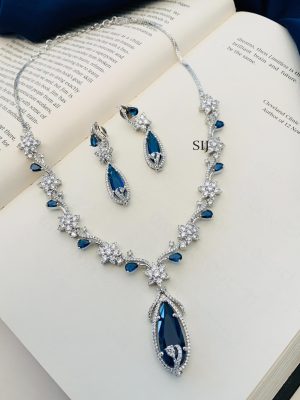 Blue Emerald Silver Plated Floral AD Stones Necklace