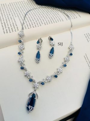 Blue Emerald Silver Plated Floral AD Stones Necklace