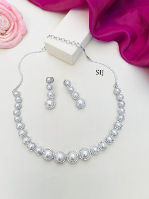 Round Pearl Silver Plated AD Stones Necklace