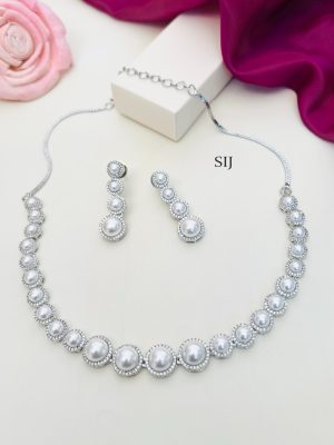 Round Pearl Silver Plated AD Stones Necklace