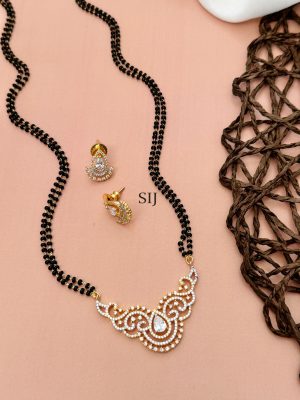 Gold Plated Solitaire AD Studded Beaded Mangalsutra Set