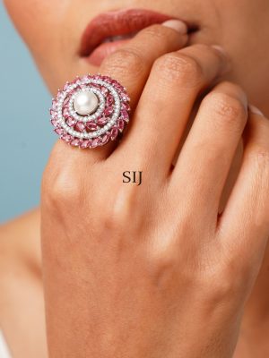 Silver Plated Floral Cubic Zircon Studded Finger Ring