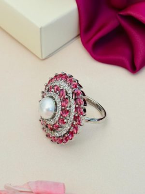 Silver Plated Floral Cubic Zircon Studded Finger Ring