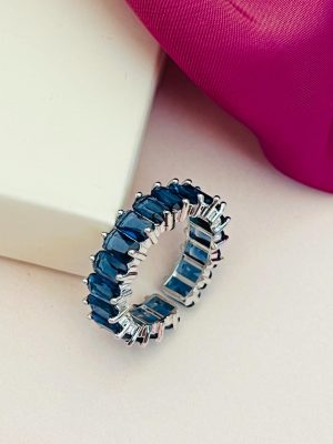 Blue Silver Plated Cubic Zircon Studded Finger Ring