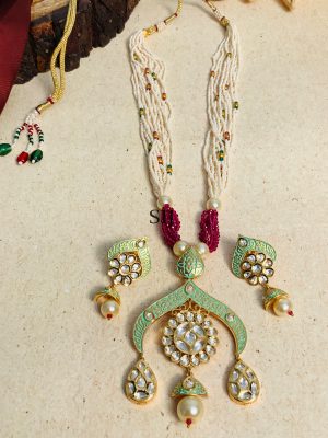 Meenakari Green Gold Plated Kundan Necklace Set