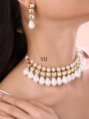 Gold Plated Polki Kundan Pearl Drop Necklace