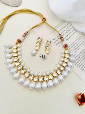 Gold Plated Polki Kundan Pearl Drop Necklace