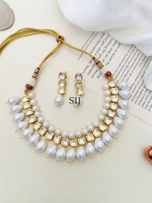 Gold Plated Polki Kundan Pearl Drop Necklace