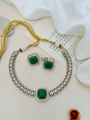 Gold Plated Green Polki AD Stones Choker