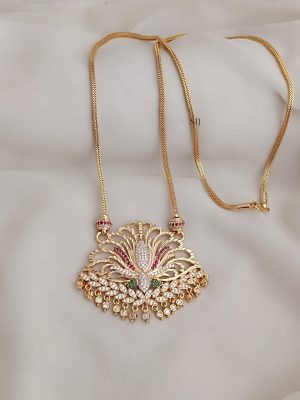 Gold Finish Multi Stones Flower Pendant Chain