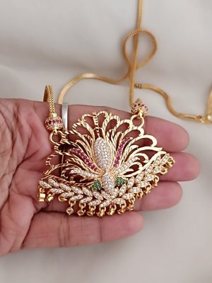 Gold Finish Multi Stones Flower Pendant Chain