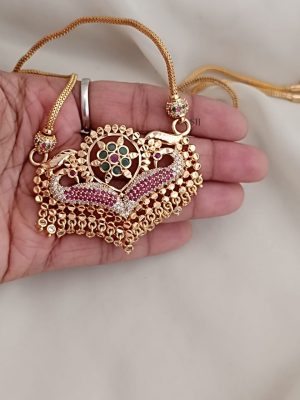 One Gram Gold Multi Stone Peacock Pendant Chain