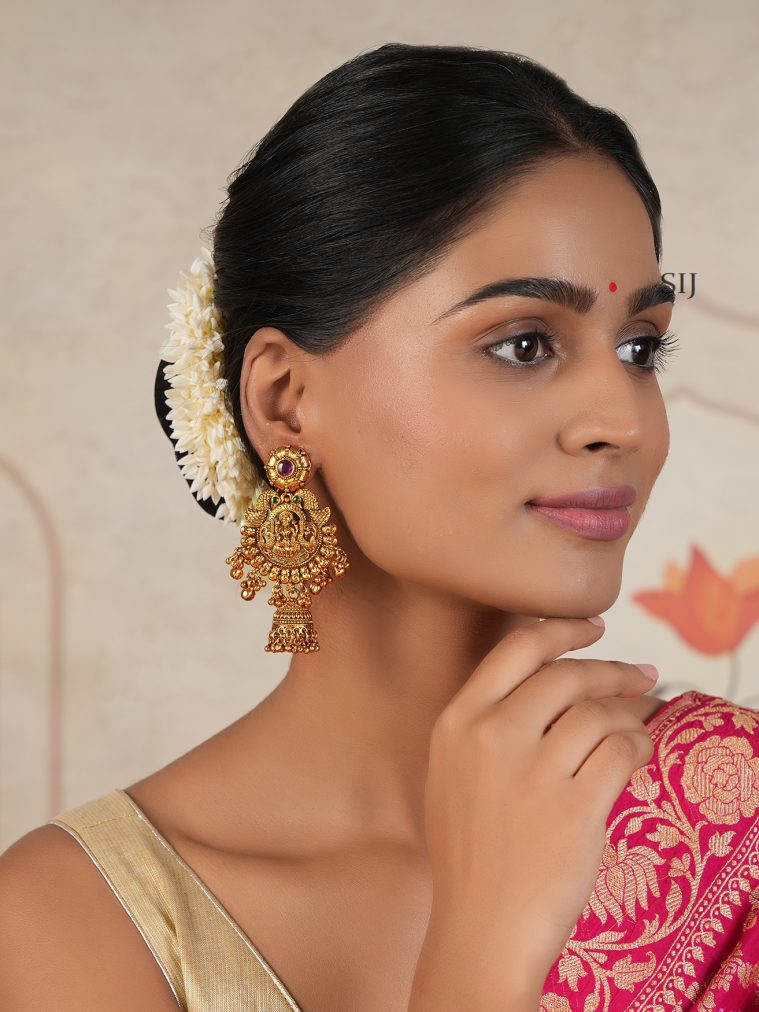 Maha Lakshmi and Dual Peacock Earrings with Gold Beads Drop Jhumka