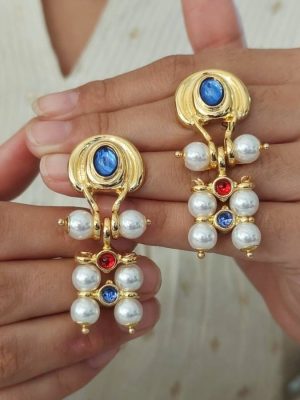 Gold Plated Crystal Stone and Pearl Designer Earrings