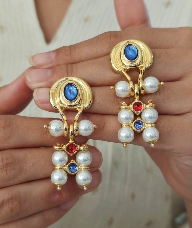 Gold Plated Crystal Stone and Pearl Designer Earrings