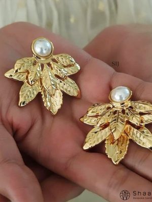 Pearl Ear Studs with Gold Plated Flower Leafs