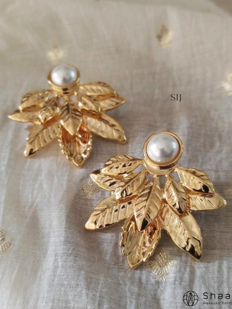 Pearl Ear Studs with Gold Plated Flower Leafs