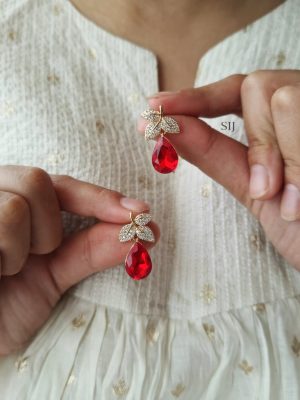 Crystal Stone Teardrop Dangler with Gold Tone Leaves Earrings