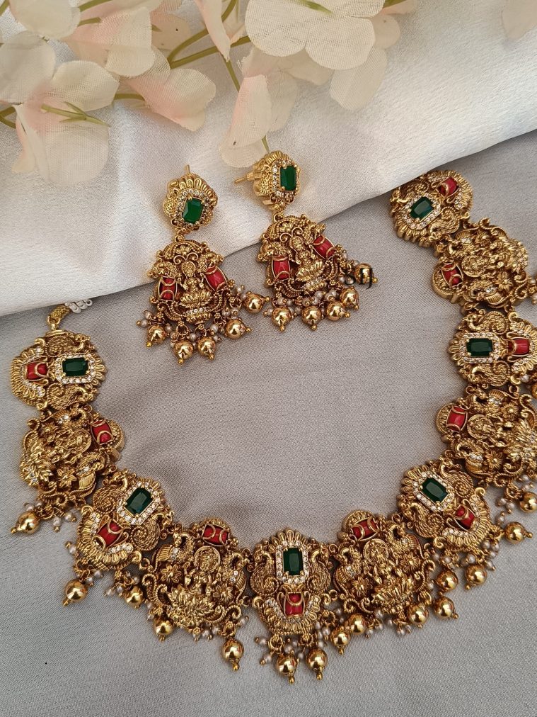 Coral, Emerald, Lakshmi Necklace set