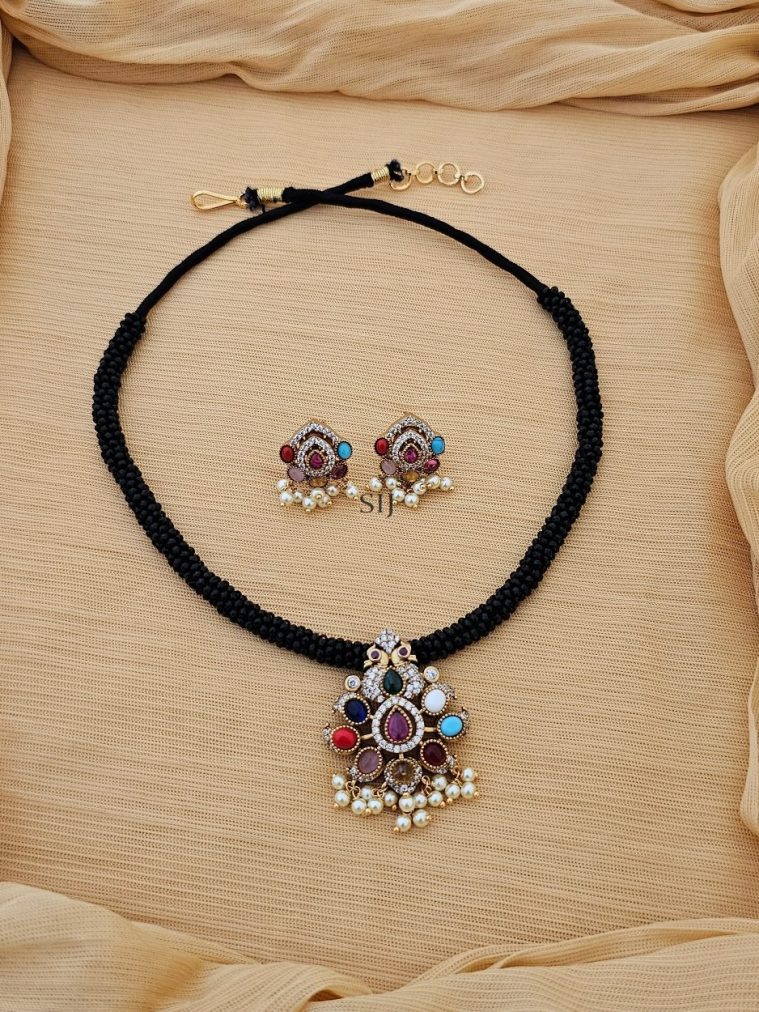 Black Hydro Beads Necklace with Dual Peacock Navarathna Pendant