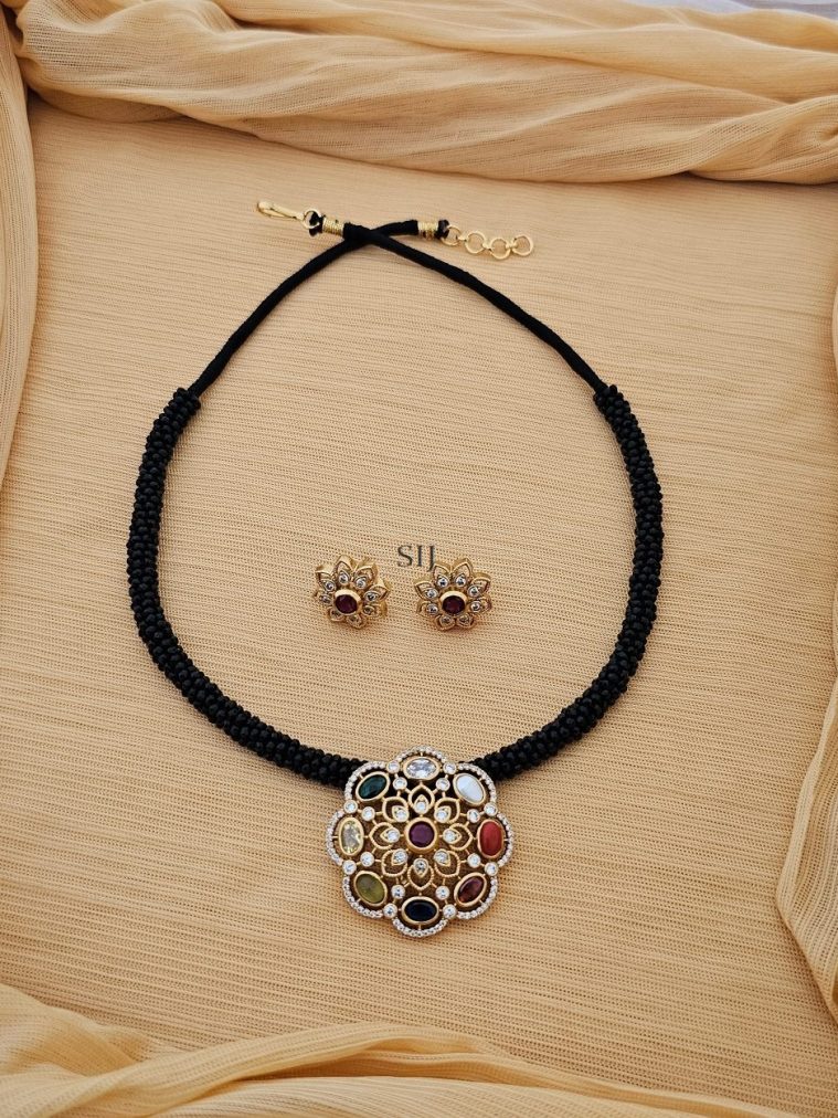 Black Hydro Beads Necklace with Flower Design Navarathna Pendant