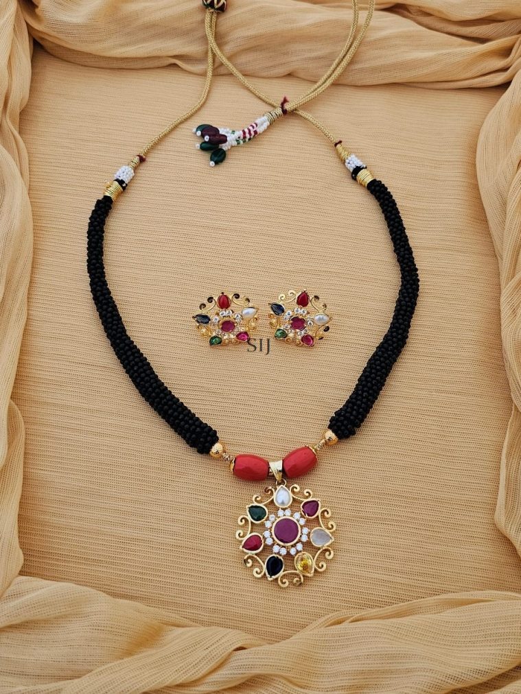 Black Hydro Beads Necklace with Navarathna Pendant