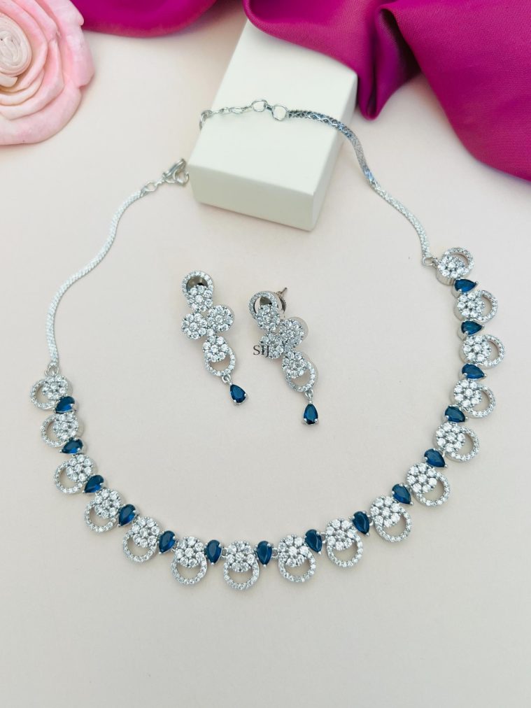 Blue Stones Silver Plated American Diamond Necklace