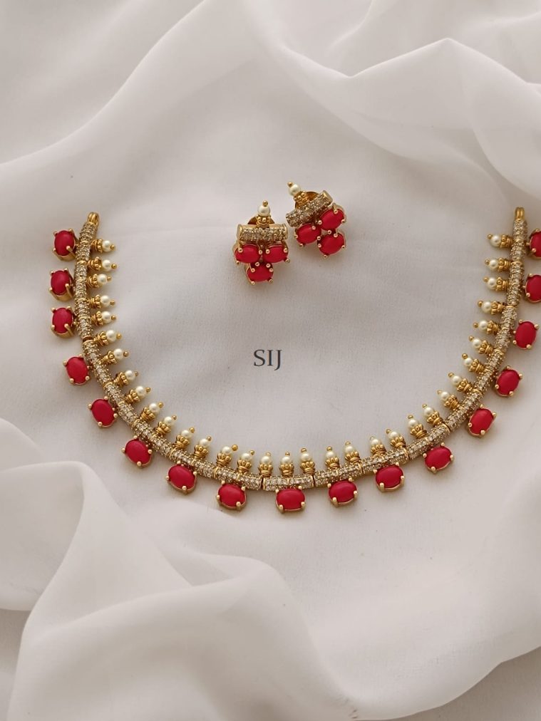 Coral Beaded CZ Stones Necklace