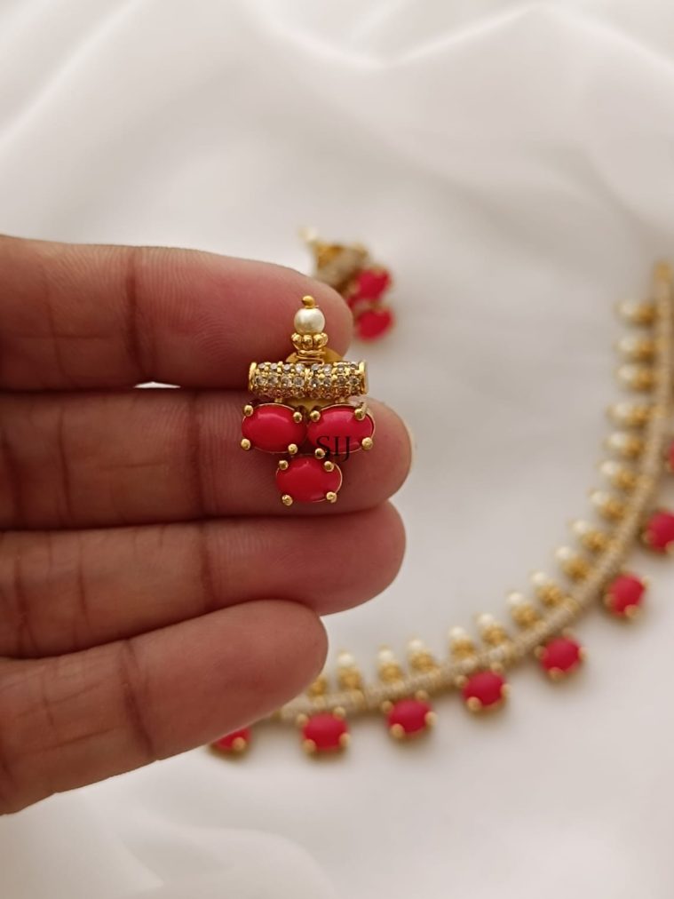 Coral Beaded CZ Stones Necklace