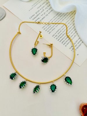 Emerald Green Gold Plated American Diamond Hasli Necklace