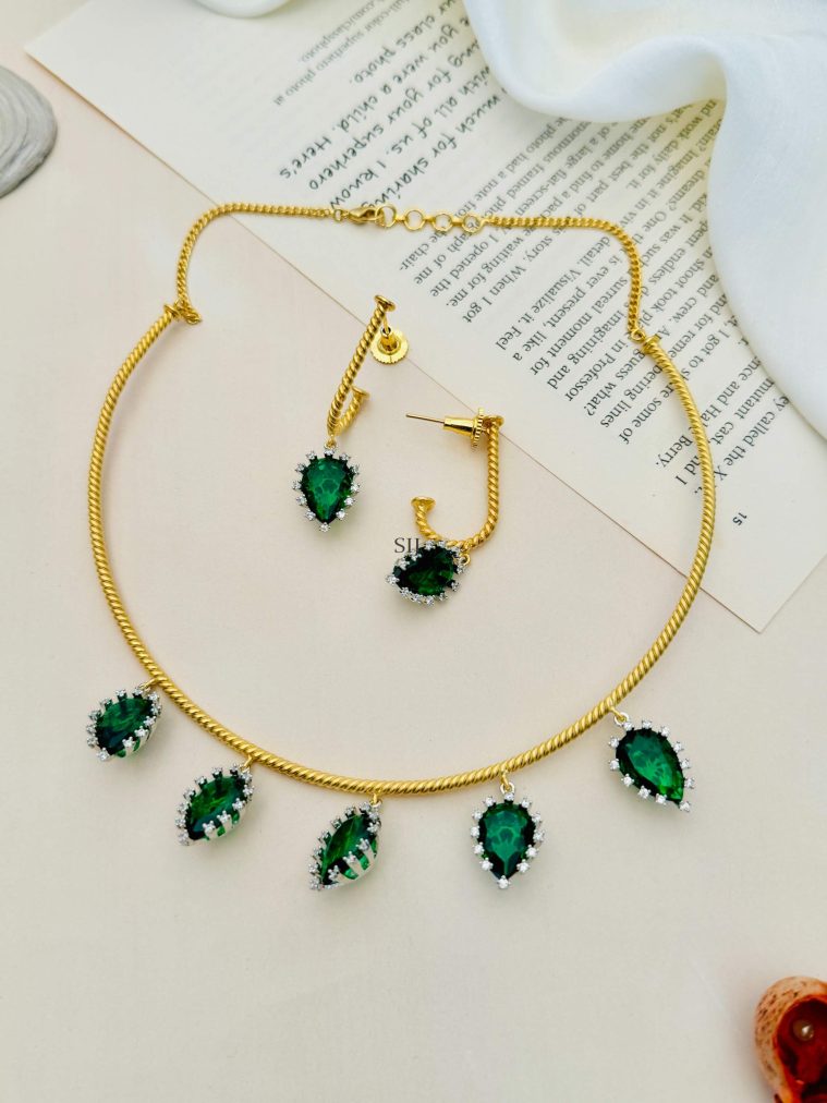 Emerald Green Gold Plated American Diamond Hasli Necklace