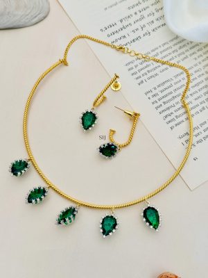 Emerald Green Gold Plated American Diamond Hasli Necklace