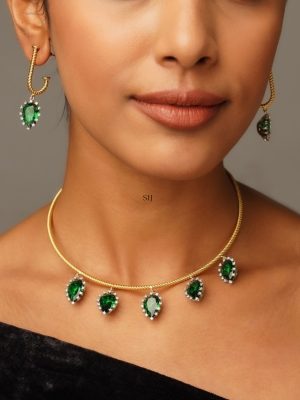 Emerald Green Gold Plated American Diamond Hasli Necklace