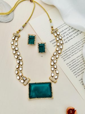 Emerald Green Gold Plated Polki American Diamond Necklace