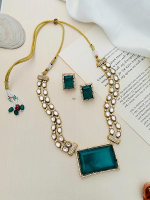 Emerald Green Gold Plated Polki American Diamond Necklace