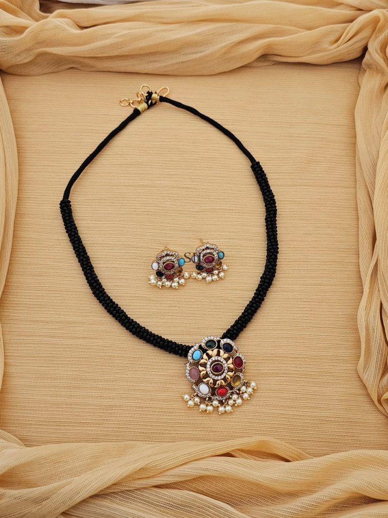 Flower Design Navarathna Pendant with Black Hydro Beads Necklace