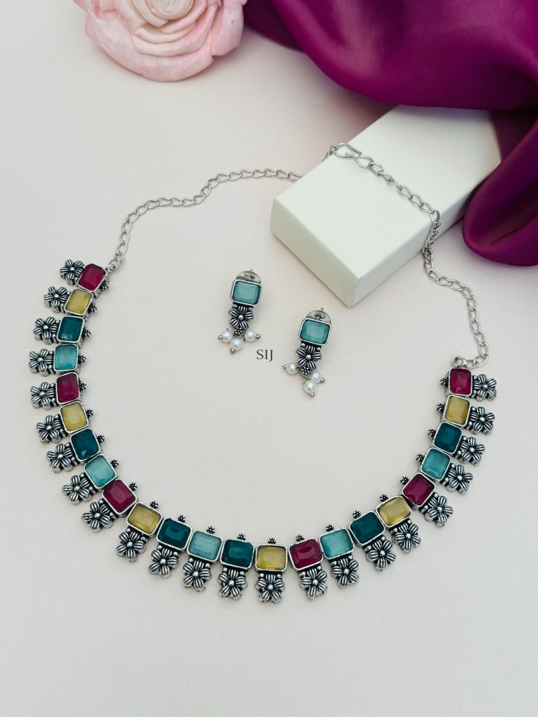 German Silver Plated Multicolor Stones Necklace