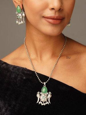 German Silver Plated Peacock Emerald Pendant Set