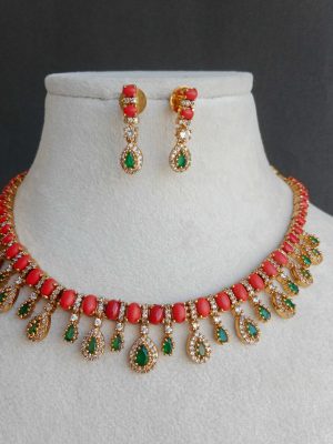 Gold Finish Coral Ovals with Emerald Drops Necklace Set