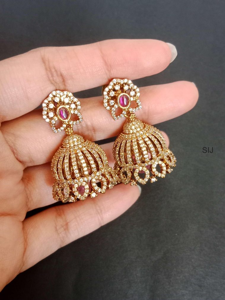 Gold Plated AD Stones Jhumkas with Ruby