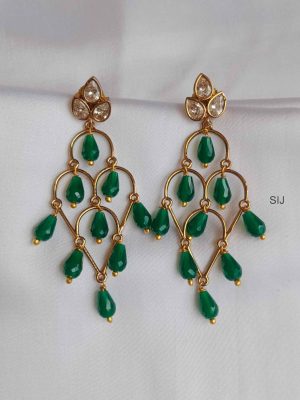 Gold Plated Green Beads Long Drop Earrings