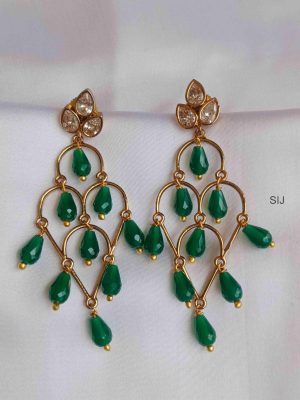 Gold Plated Green Beads Long Drop Earrings