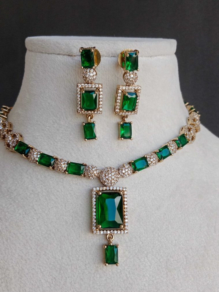 Gold Plated Emerald &White AD Stones Necklace Set