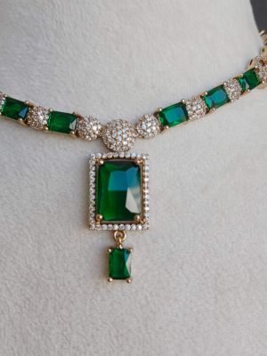 Gold Plated Emerald &White AD Stones Necklace Set