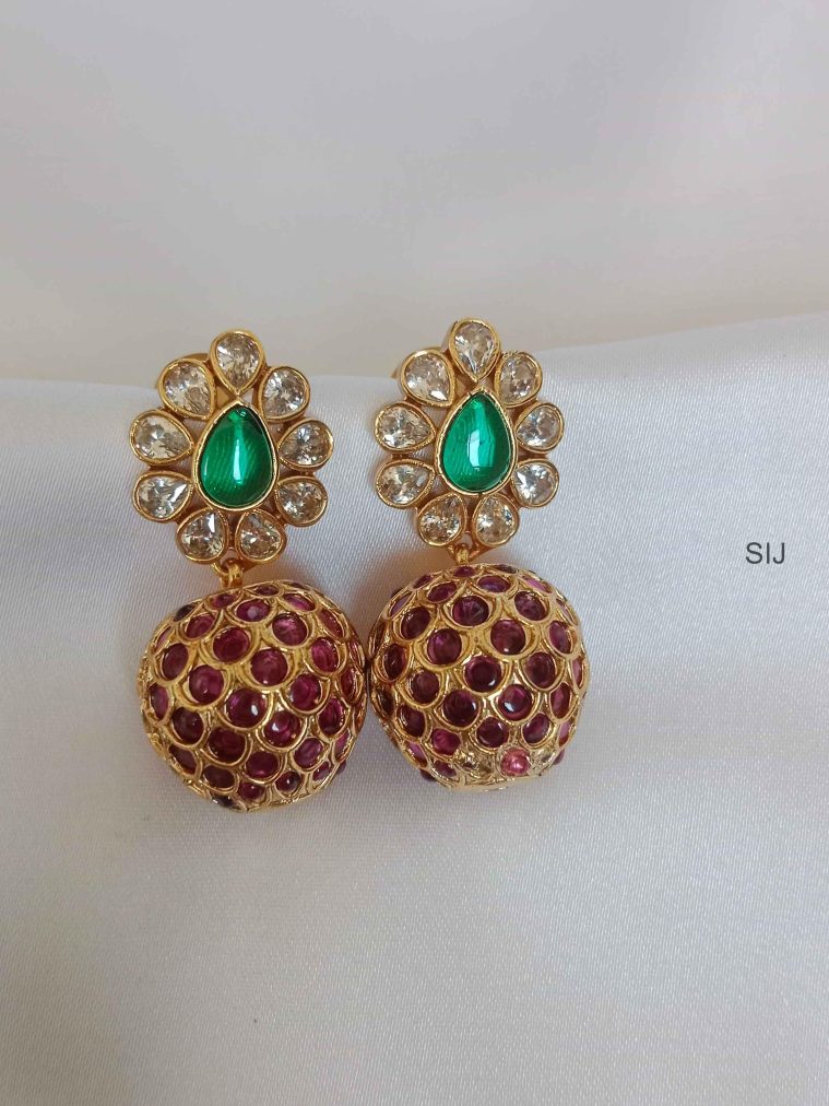 Gold Plated Floral Design Pink Stone Jhumkas