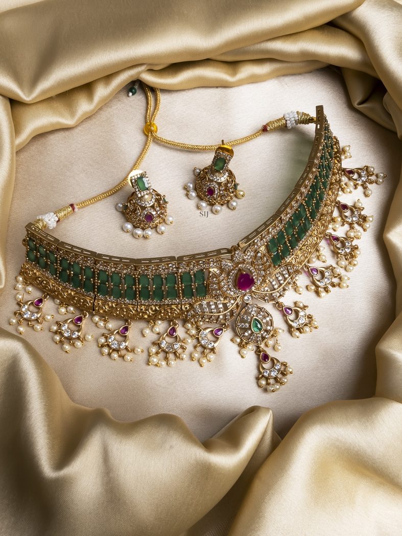 Gold Plated Green AD Studded Guttapusalu Choker Set