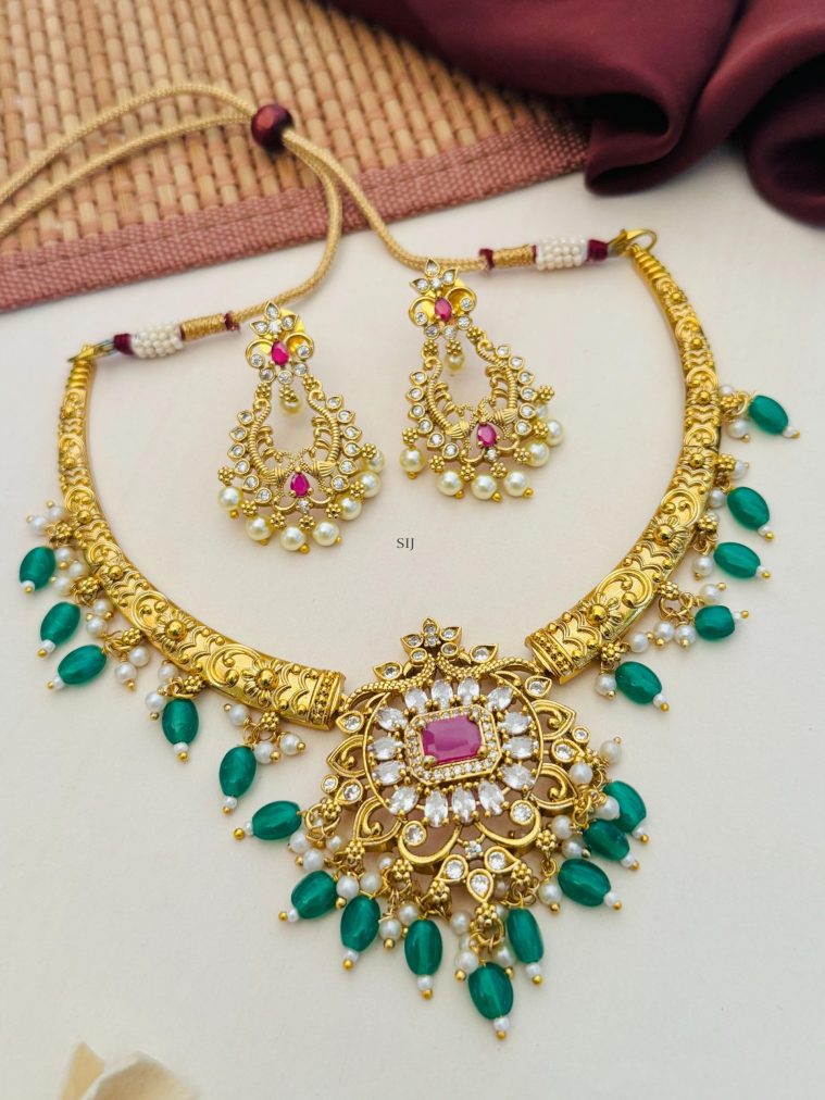 Gold Plated Green Beaded Drop Necklace