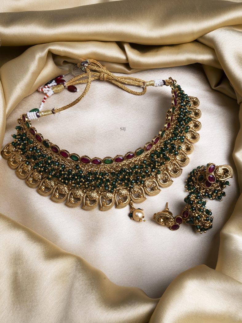 Gold Plated Green Hydra Beads Choker Set With Jhumkis