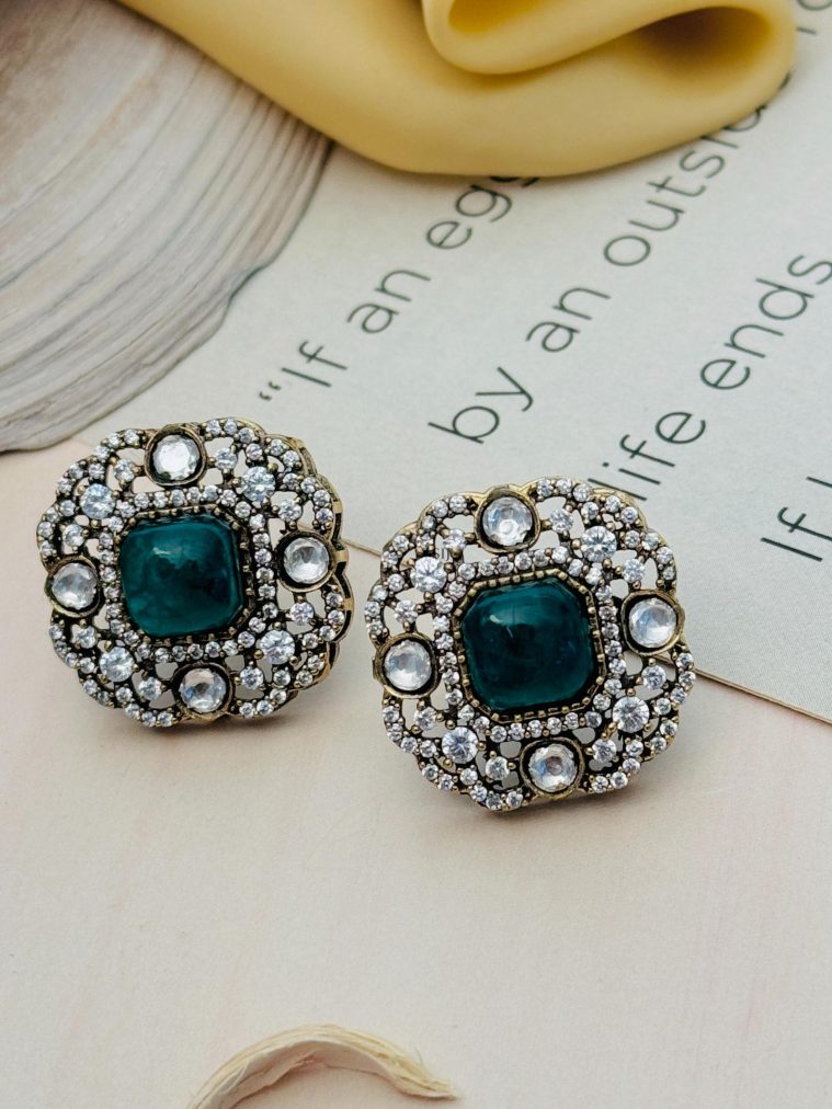 Gold Plated Green Polki AD Stones Ear Studs