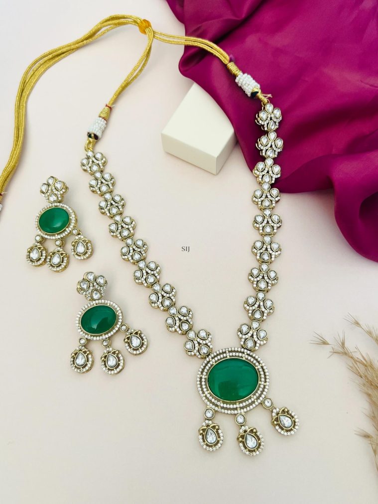 Gold Plated Green &White Polki American Diamond Necklace